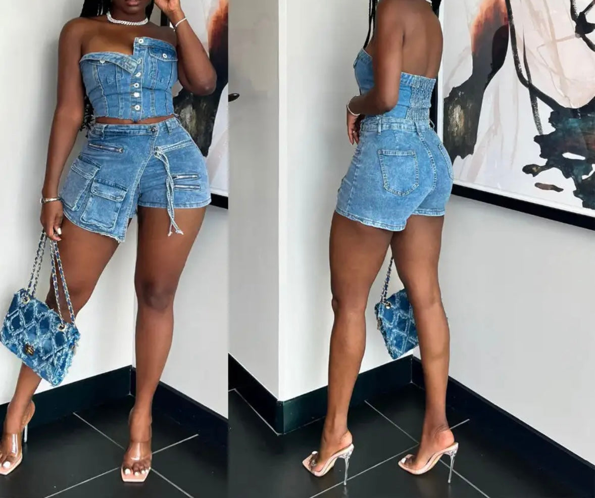 Denim Cargo Skorts 2 Piece Set