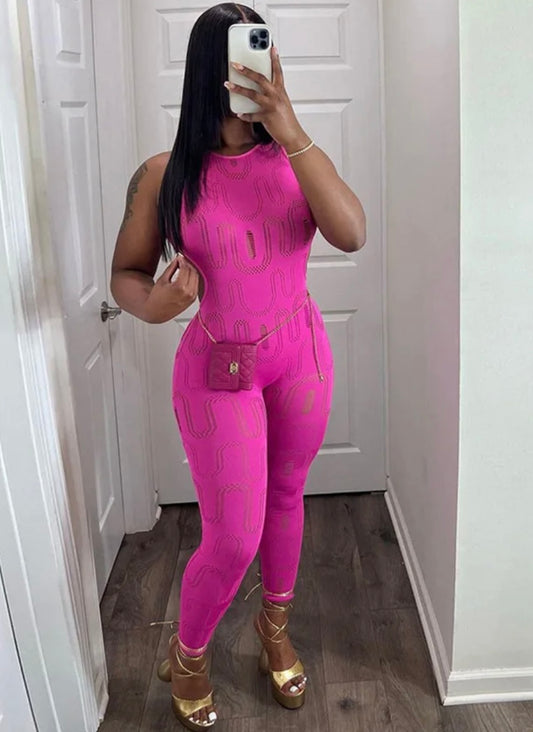 Pink Sleeveless Hollow Out Jumpsuit