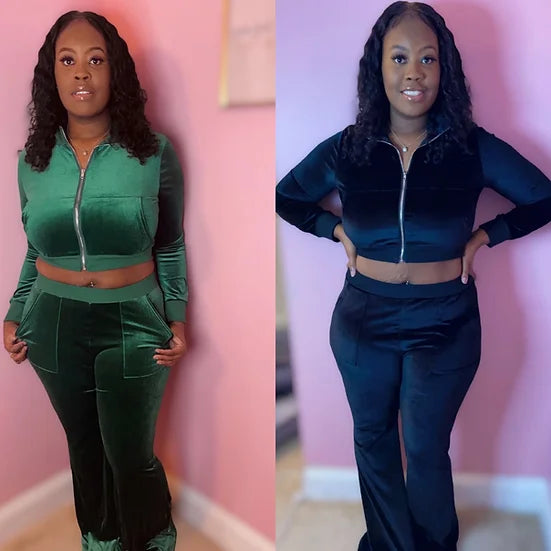 Velvet Zipper Crop Top Tracksuit