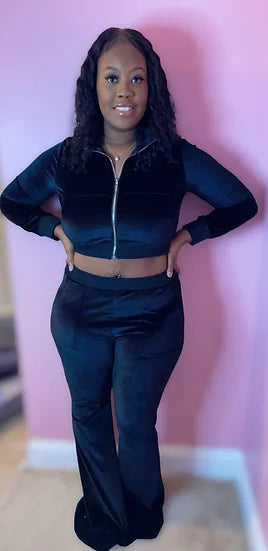 Velvet Zipper Crop Top Tracksuit