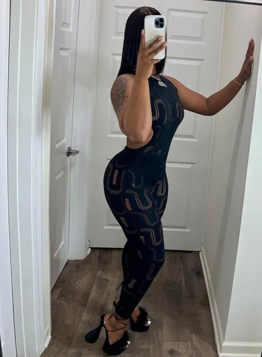 Black Sleeveless Hollow Out Jumpsuit