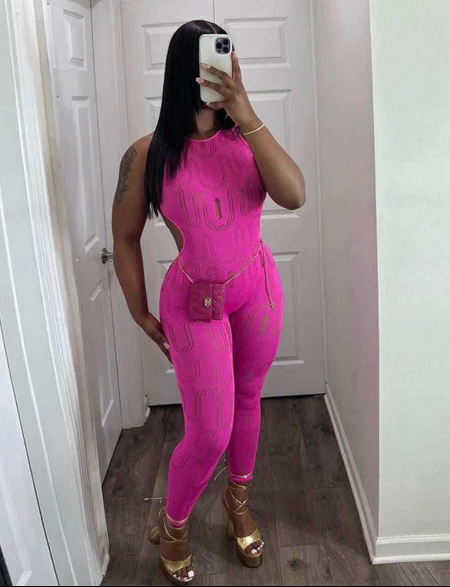 Pink Sleeveless Hollow Out Jumpsuit
