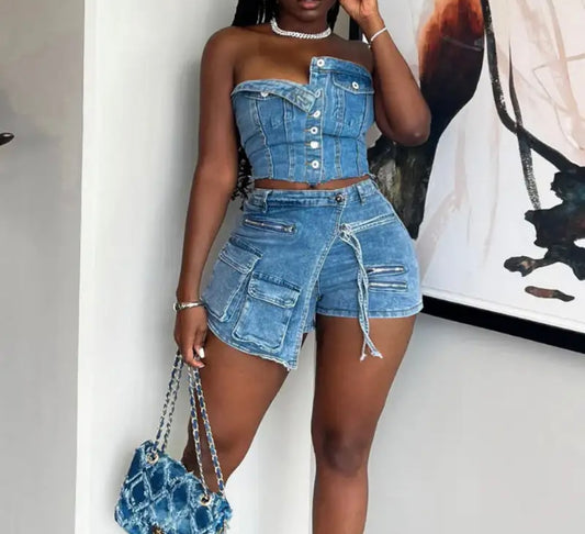 Denim Cargo Skorts 2 Piece Set