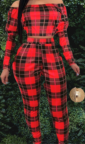 Plaid Slash Neck Long Sleeve 2 Piece Set